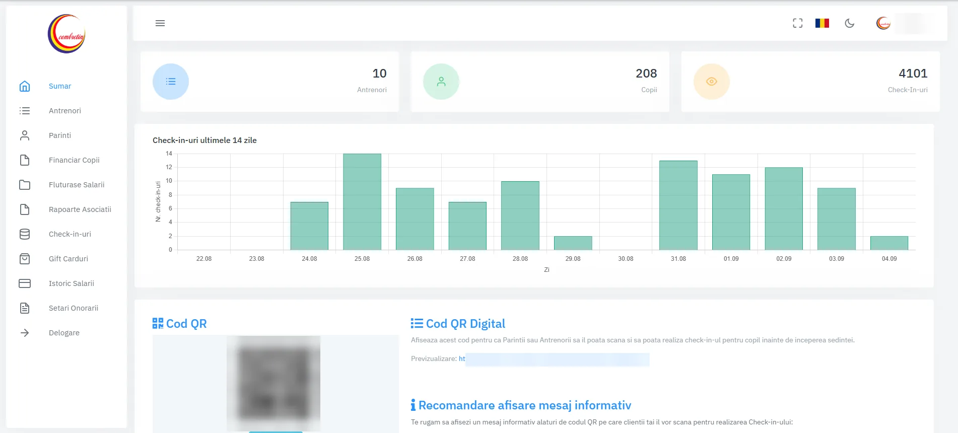 Dashboard-ul platformei Combretin: 10 antrenori, 208 copii, 4101 check-in-uri, graficul pe 14 zile și codul QR de check-in