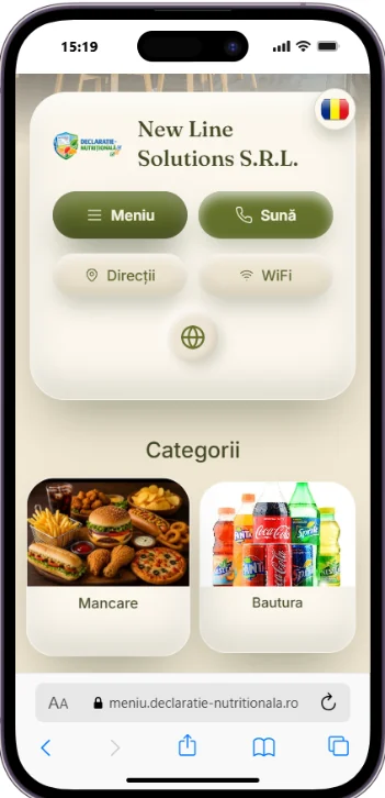 Meniul digital deschis pe telefon, cu butoanele Meniu, Sună, Direcții și WiFi și categoriile Mâncare și Băutura