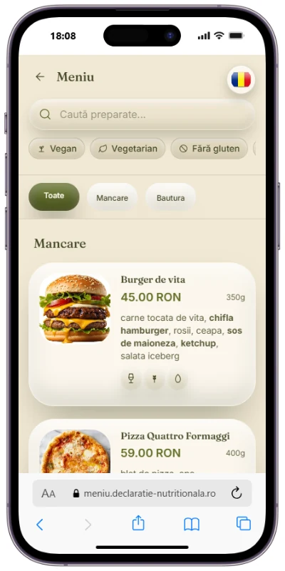 Lista de preparate din meniul QR: fiecare fel cu preț, gramaj și ingredientele dedesubt, cu alergenii îngroșați, plus filtre pentru vegan, vegetarian și fără gluten