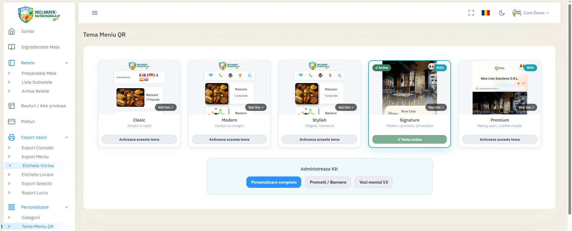 Ecranul de selecție a temei pentru meniul QR, cu cele cinci variante disponibile și tema Signature activă