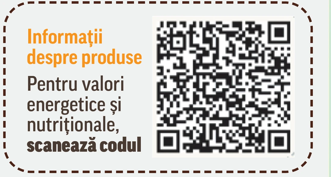 Decupaj din meniul Berăriei H: „Informații despre produse — pentru valori energetice și nutriționale, scanează codul”, într-o casetă cu chenar punctat