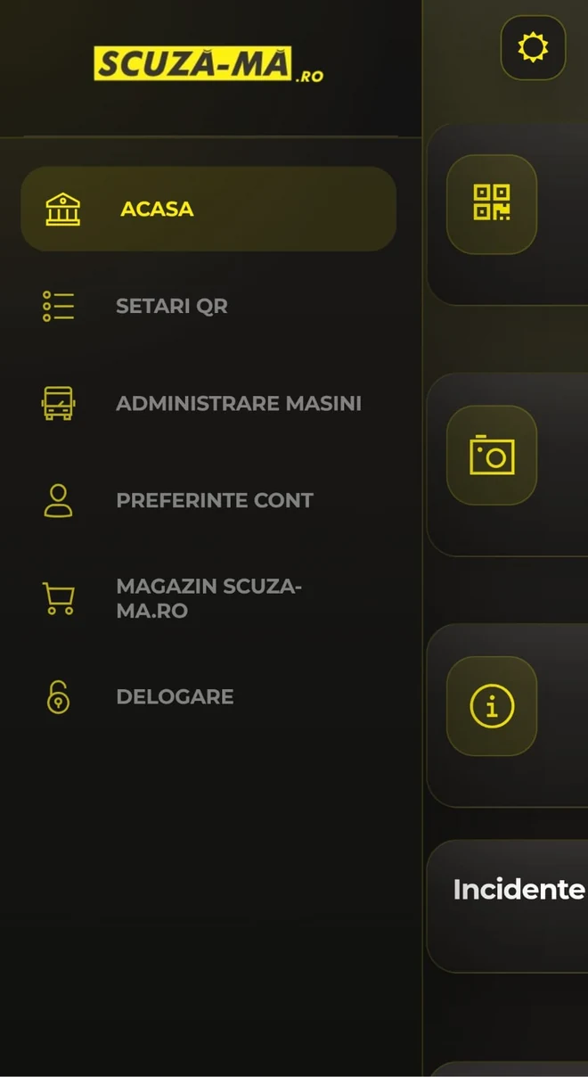 Meniul contului: setări QR, administrare mașini, preferințe cont și magazinul Scuza-Ma.ro