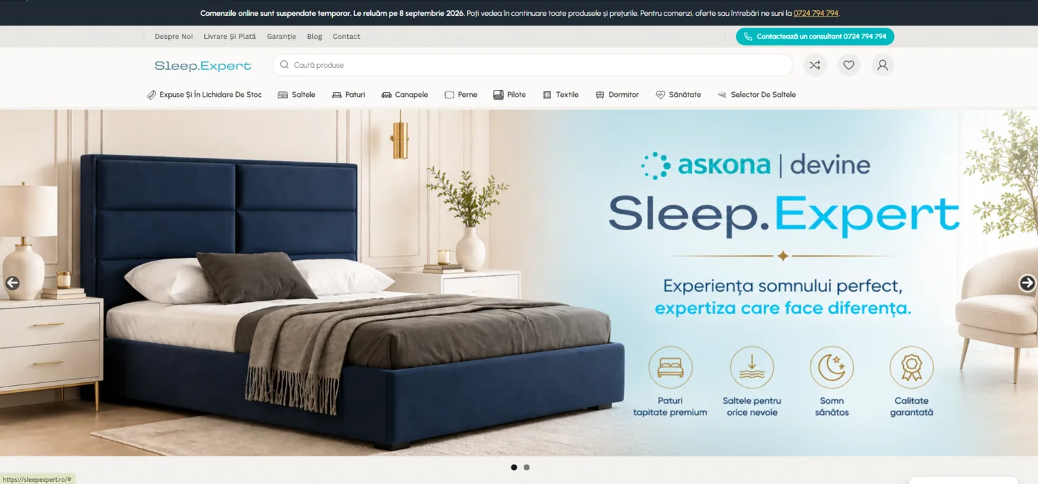 Prima pagină sleepexpert.ro, cu bannerul în care askona devine Sleep.Expert și meniul de categorii