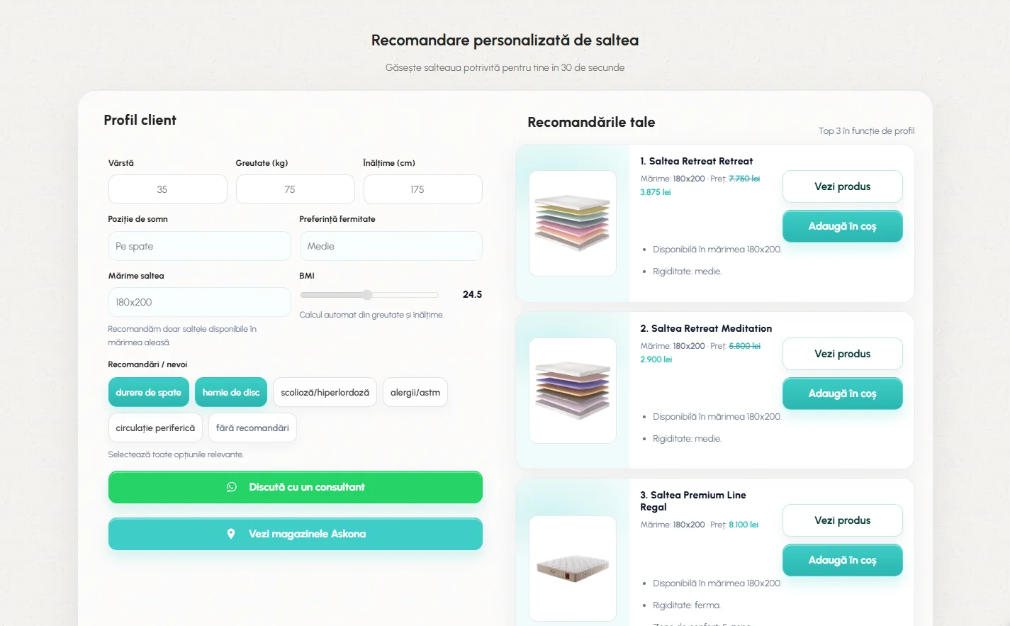 Selectorul de saltele cu profilul completat: vârstă, greutate, înălțime, poziție de somn, fermitate, mărime, BMI calculat automat și nevoi bifate, iar în dreapta cele trei saltele recomandate